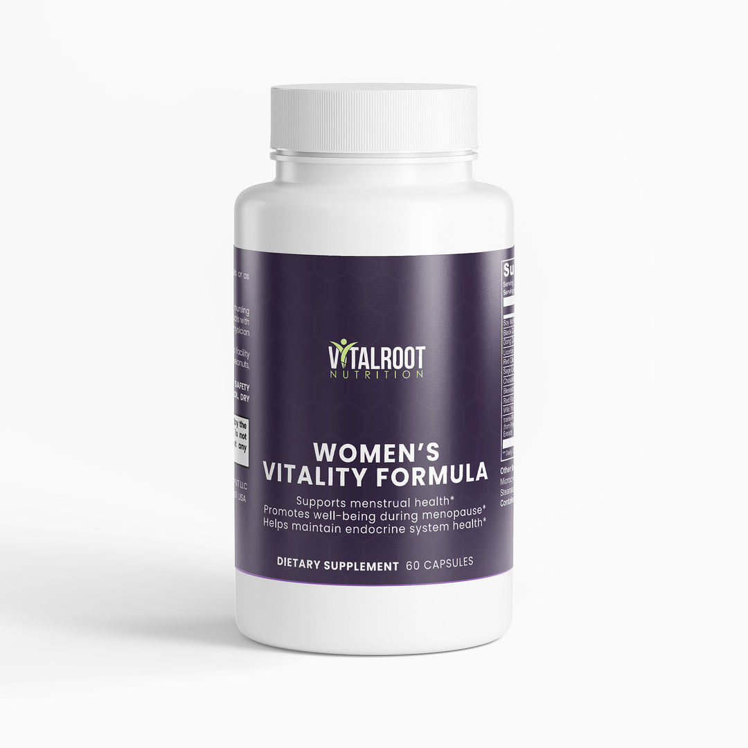 Supplement bottle labeled 'Women's Vitality Formula' by Vitalroot Nutrition on a white background