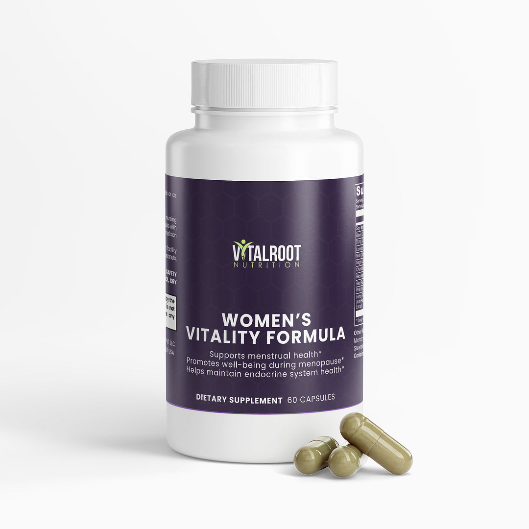 Supplement bottle labeled 'Women's Vitality Formula' by Vitalroot Nutrition on a white background.