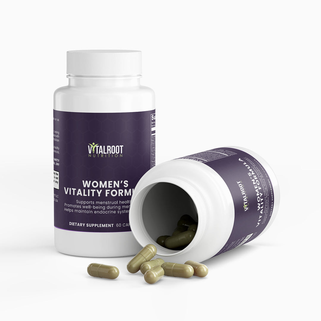 Vitalroot Nutrition Women's Vitality Form dietary supplement bottle with open lid on a white background
