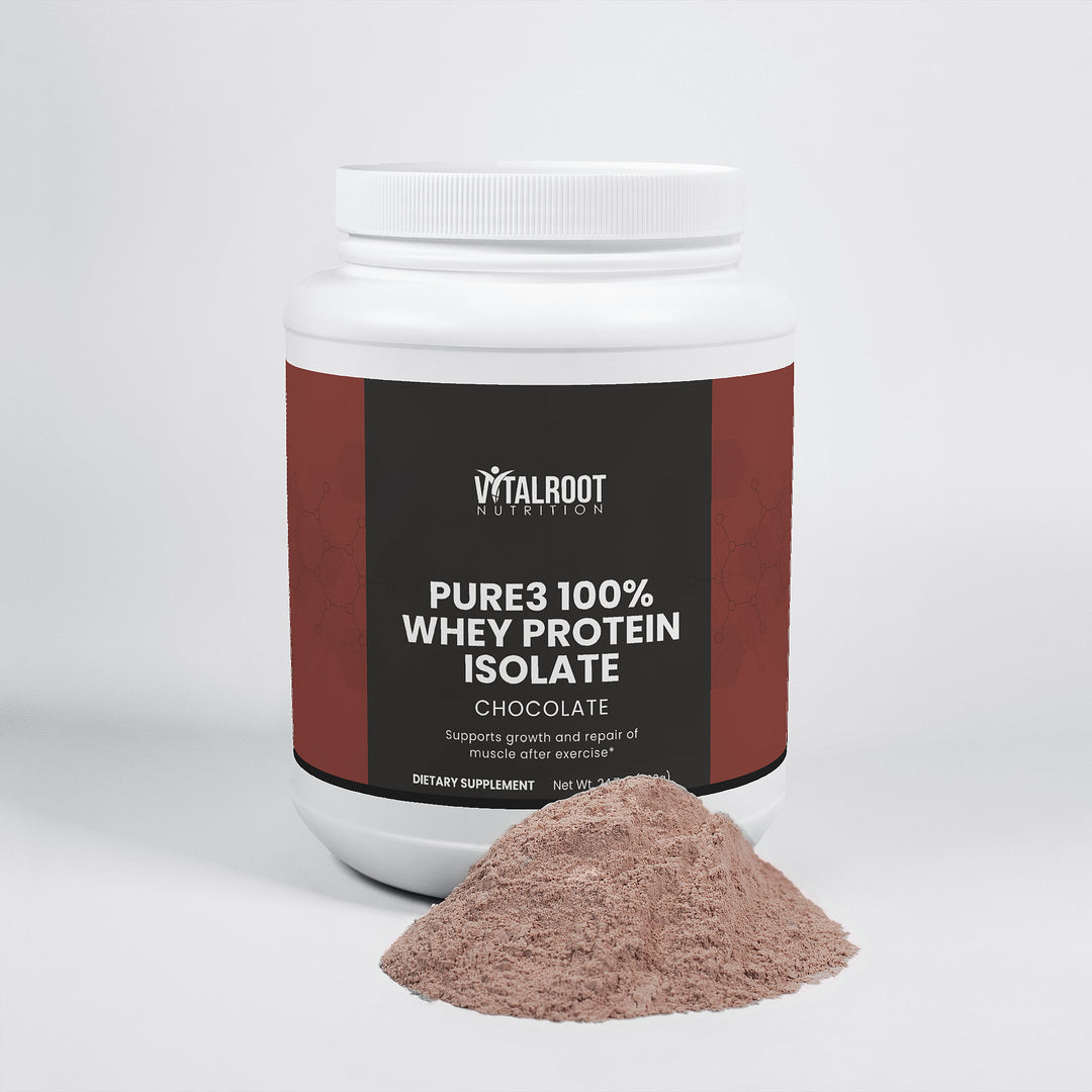 Vitalroot Pure3 100% Whey Protein Isolate container with protein powder on a white background