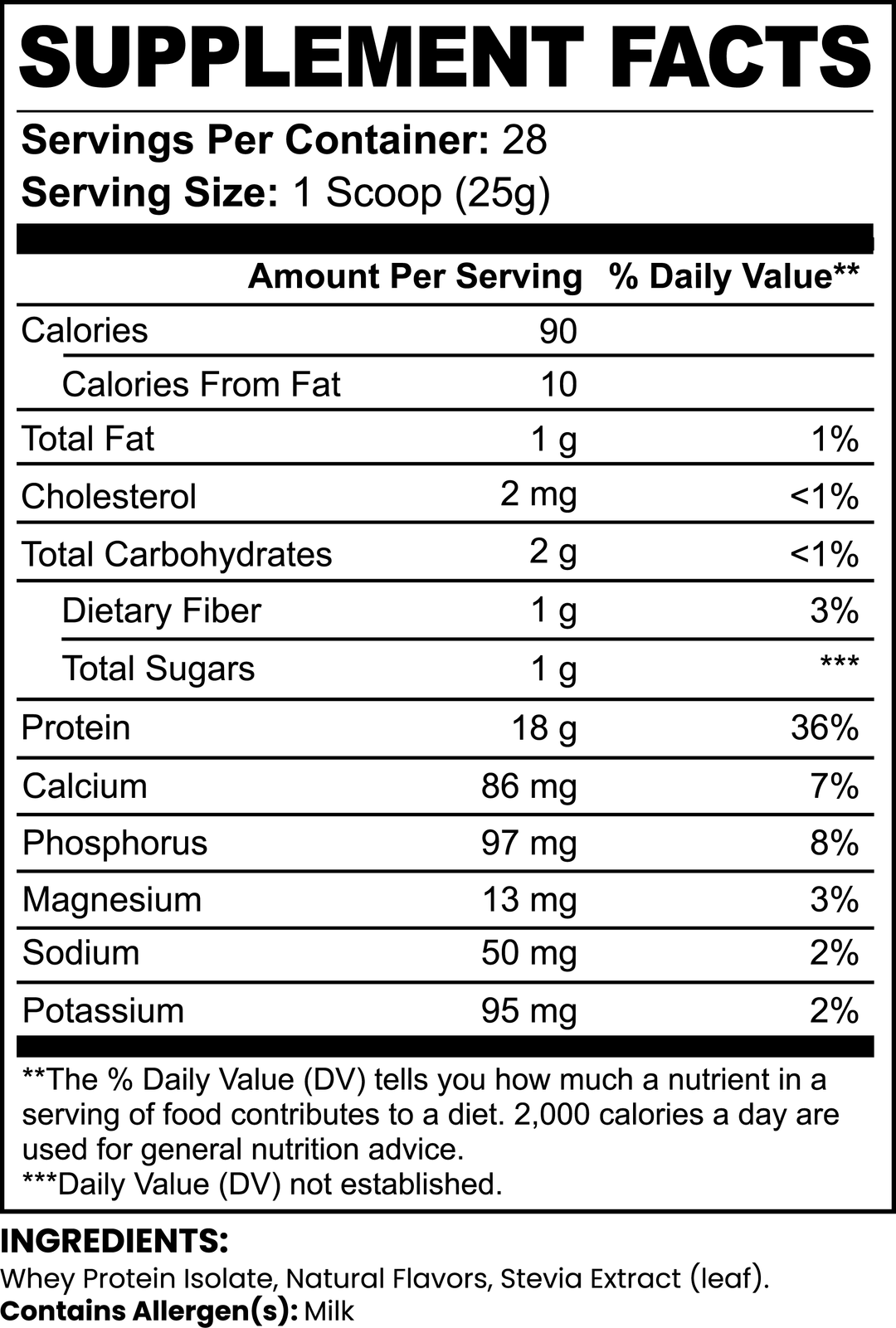 Nutrition label for a supplement showing calories, fat, carbohydrates, and protein content per serving.