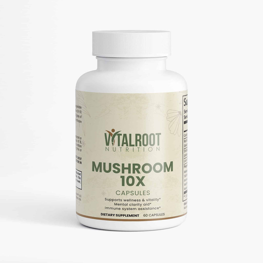 Vitalroot Nutrition Mushroom 10X capsules bottle on a white background
