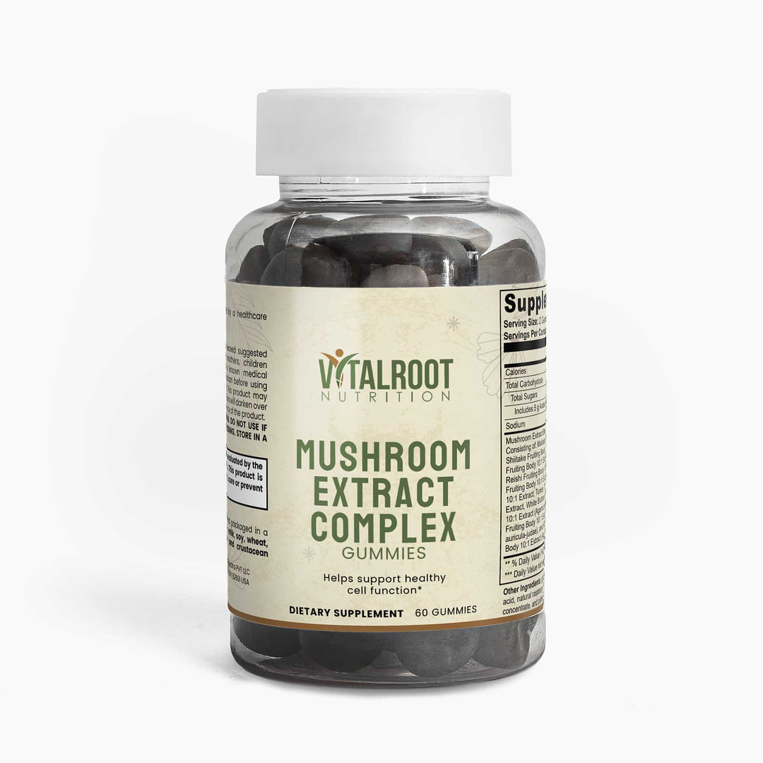 Bottle of Vitalroot Nutrition Mushroom Extract Complex gummies on a white background
