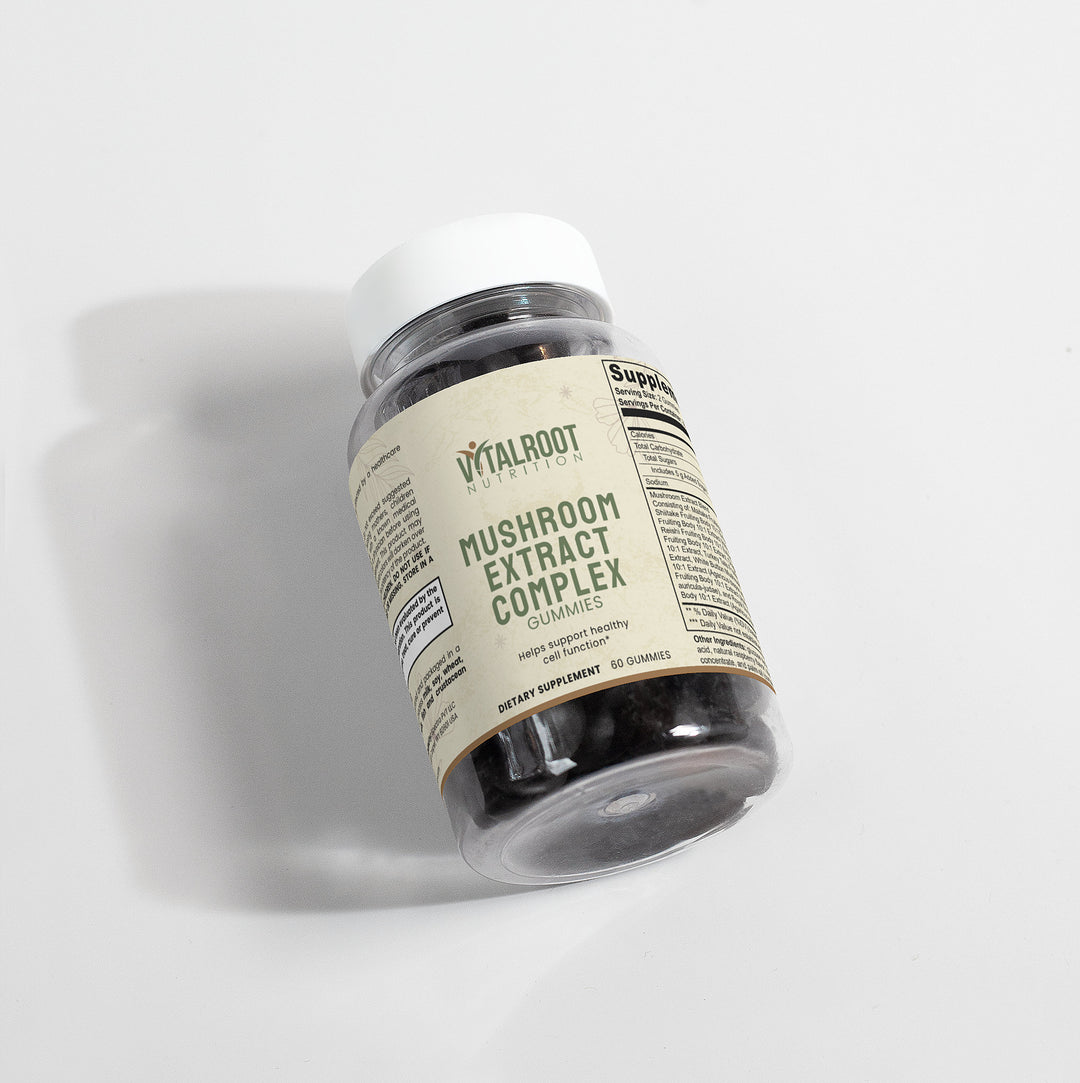 Bottle of Vitalroot Mushroom Extract Complex Gummies on a white background