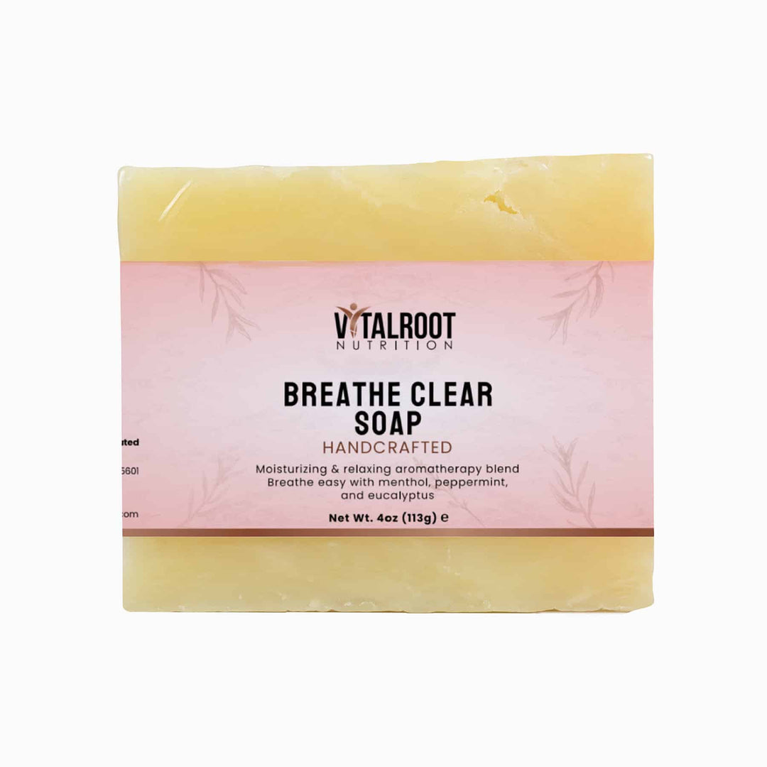 Bar of soap with a pink and yellow packaging featuring 'Vitalroot Nutrition' branding.