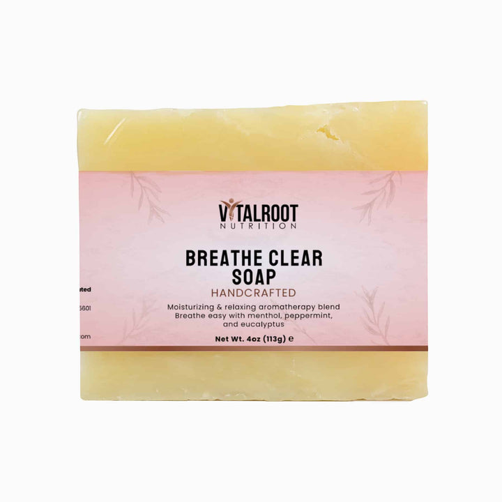 Bar of soap with a pink and yellow packaging featuring 'Vitalroot Nutrition' branding.