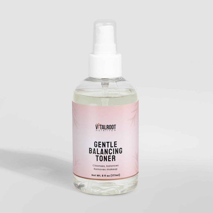 Bottle of Vitalroot Gentle Balancing Toner on a light gray background