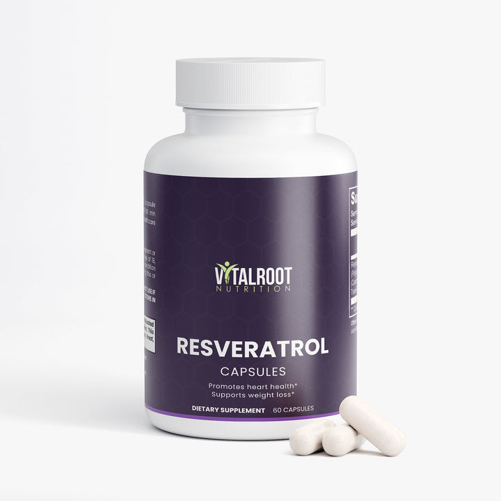 Supplement bottle labeled 'Resveratrol' by Vitalroot Nutrition on a white background