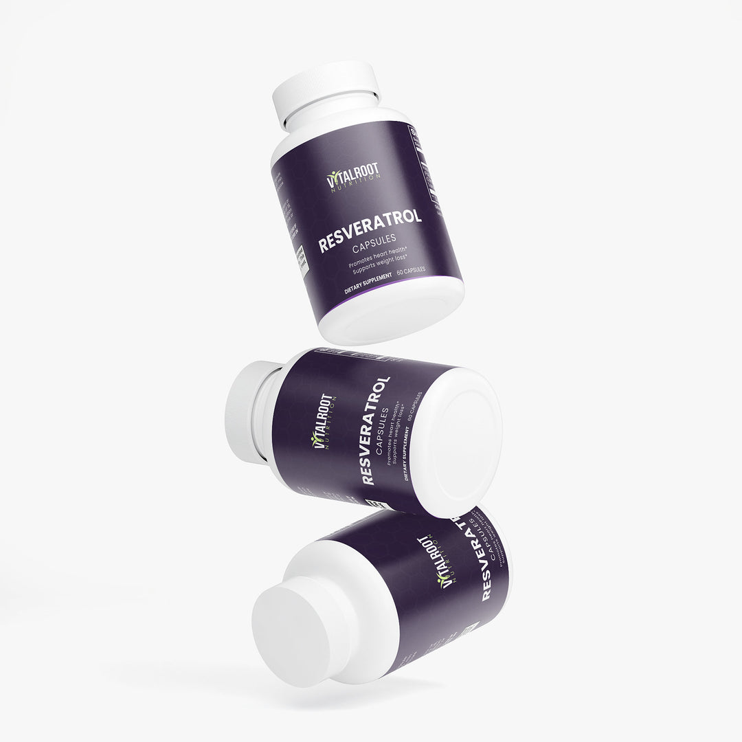 Three bottles of Vital Nutrients Resveratrol capsules on a white background