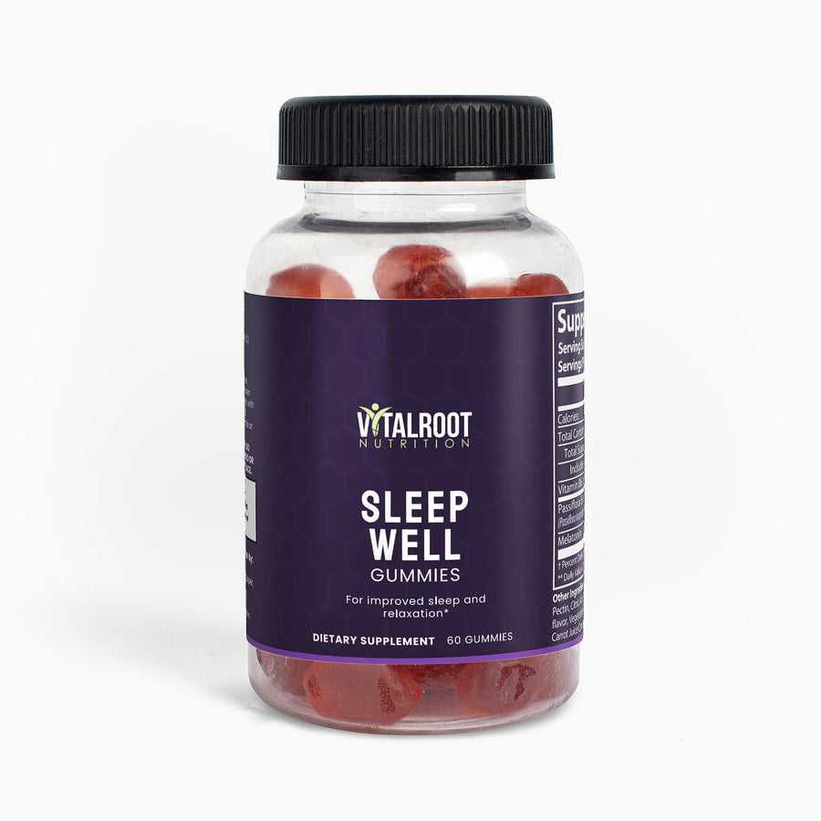 Bottle of Vitalroot Nutrition Sleep Well Gummies on a white background