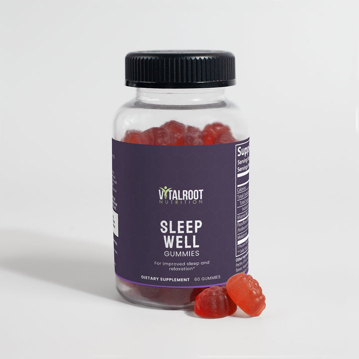 Bottle of Sleep Well Gummies with a purple label on a white background