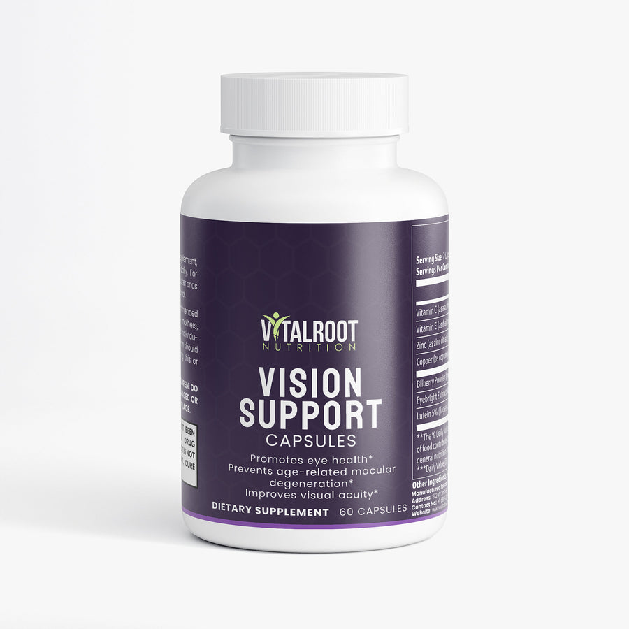 Supplement bottle labeled 'Vision Support' by Vitalroot Nutrition on a white background