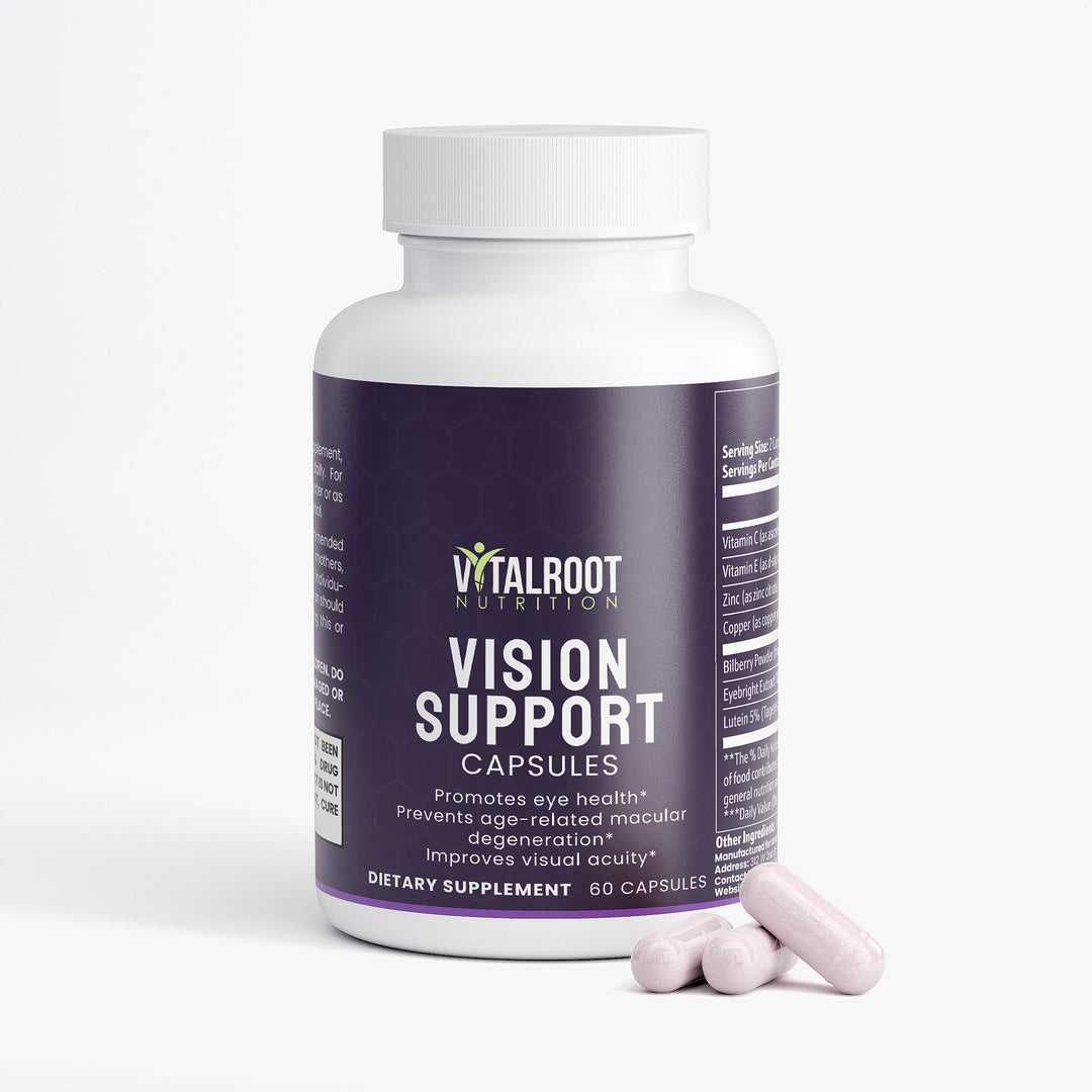 Vision support capsules bottle with purple label on a white background