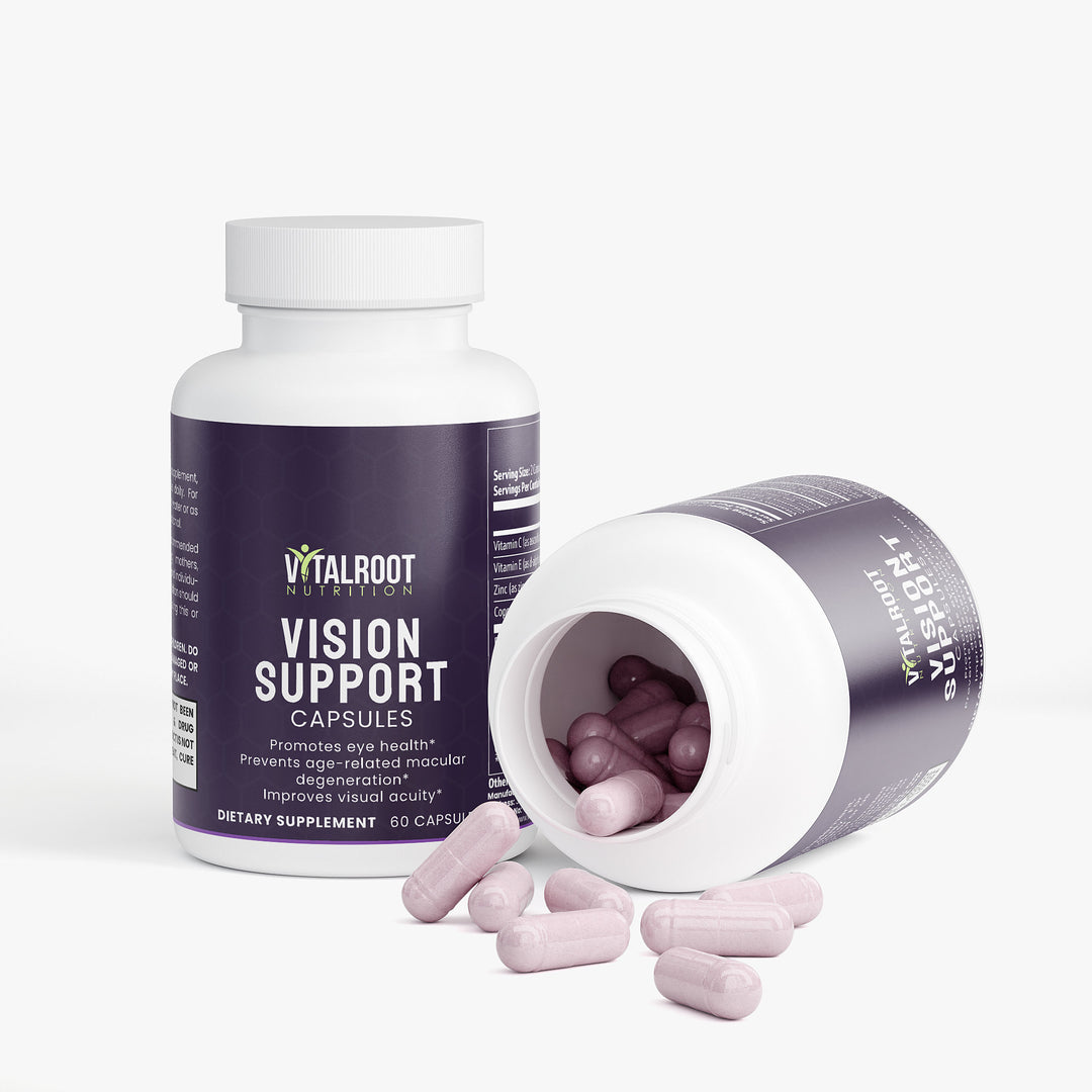 Vision support supplement bottle with open lid showing capsules on a white background