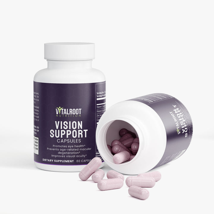 Vision support supplement bottle with open lid showing capsules on a white background