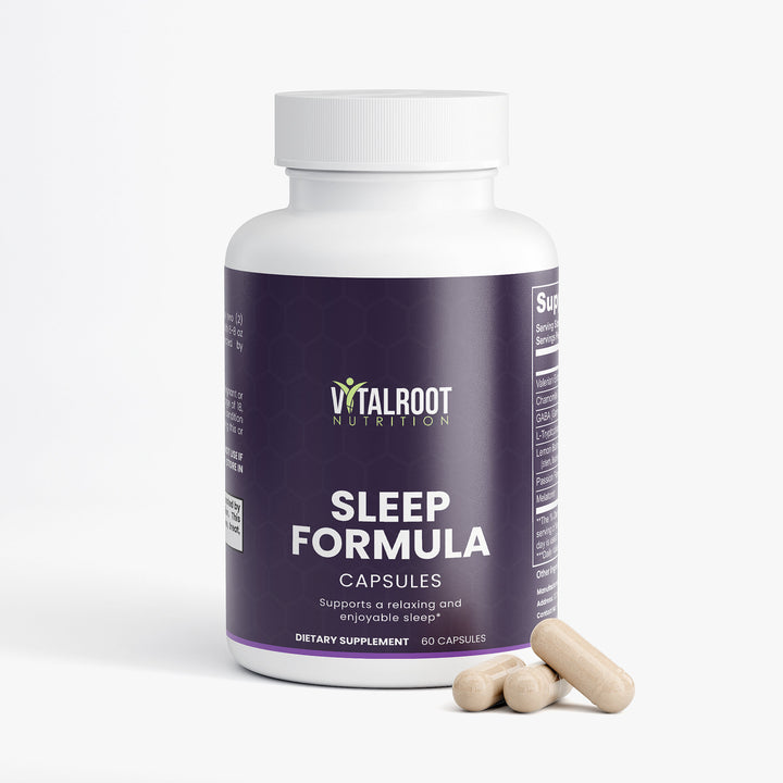 Vitalroot Nutrition Sleep Formula supplement bottle with capsules on a white background