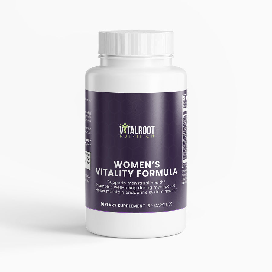 Supplement bottle labeled 'Women's Vitality Formula' by Vitalroot Nutrition on a white background