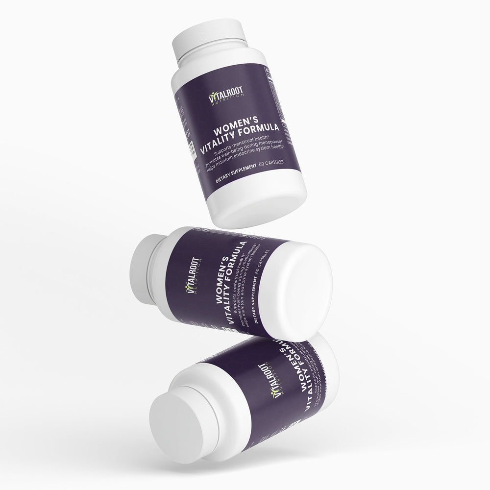 Three bottles of Vitaloot Women's Vitality Formula on a white background