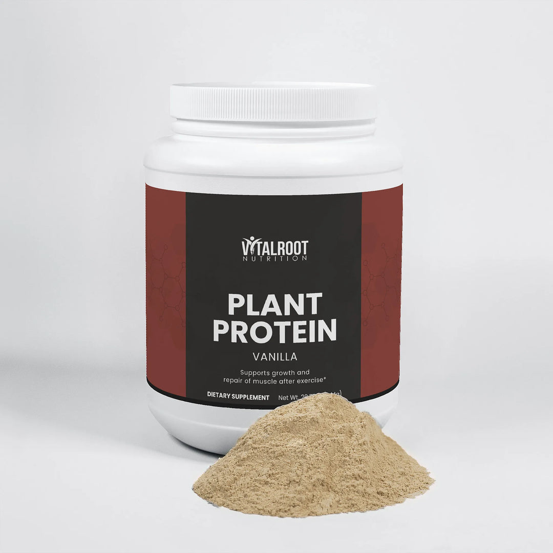 Jar of Vitalroot Plant Protein Vanilla on a white background