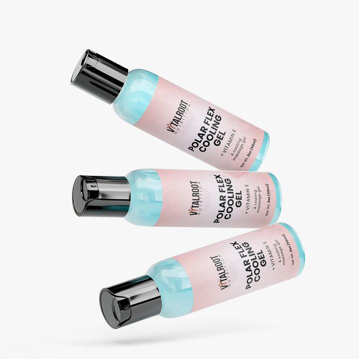 Three bottles of Vital Root Polar Flex Cooling Gel on a white background