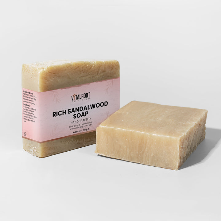 Bar of Rich Sandalwood Soap with a pink label on a white background