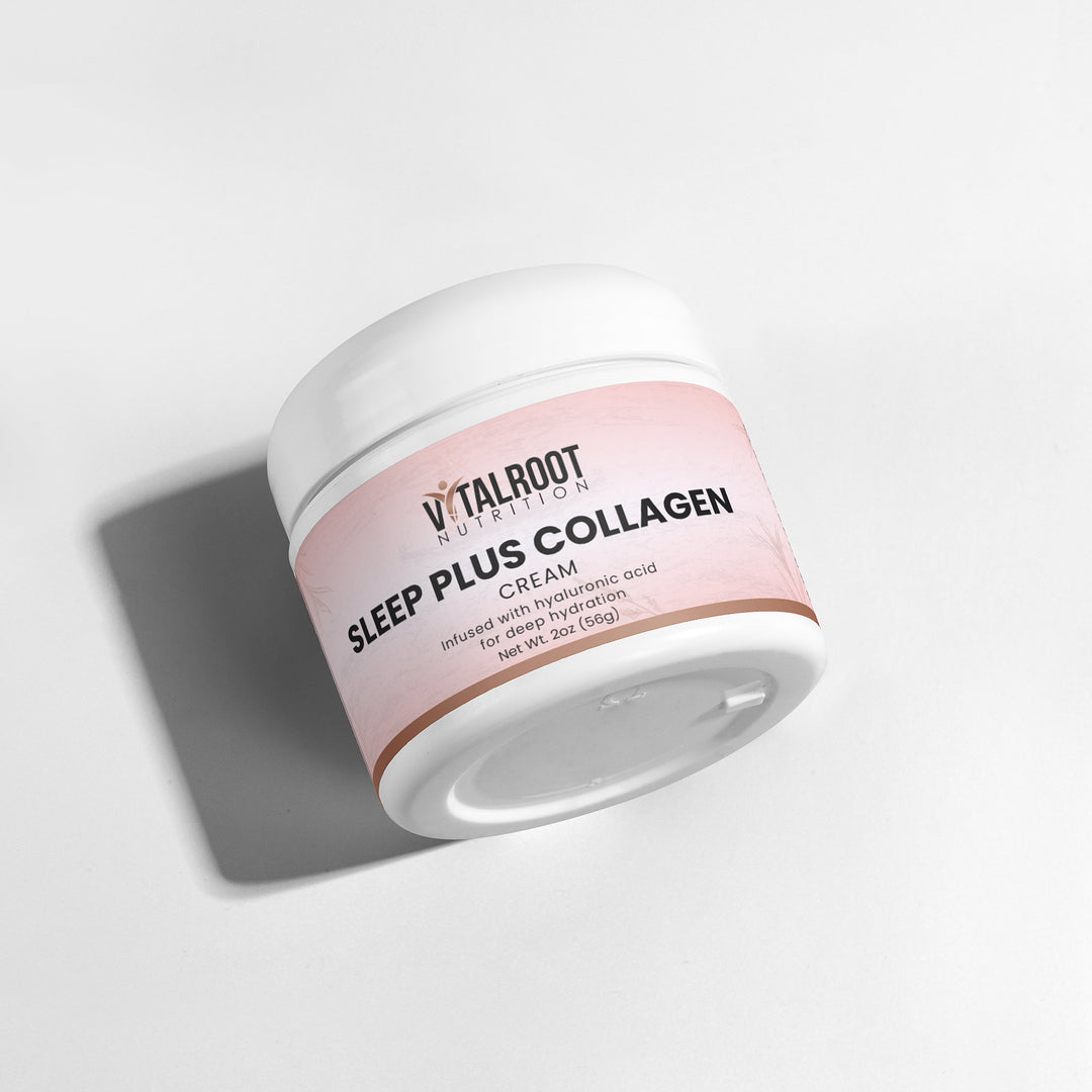 Jar of Vitalroot Nutrition Sleep Plus Collagen Cream on a light gray background