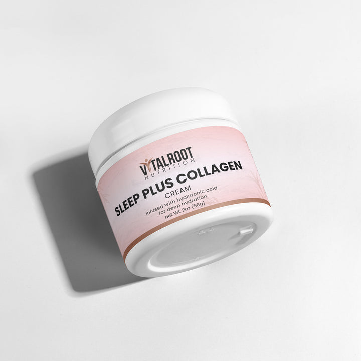 Jar of Vitalroot Nutrition Sleep Plus Collagen Cream on a light gray background