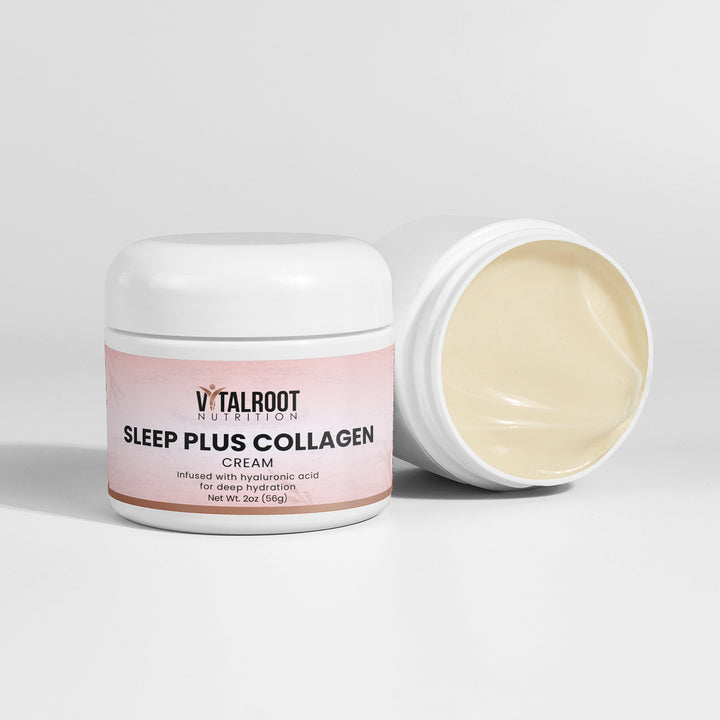Vitalroot Sleep Plus Collagen Cream jar with lid open on a light gray background