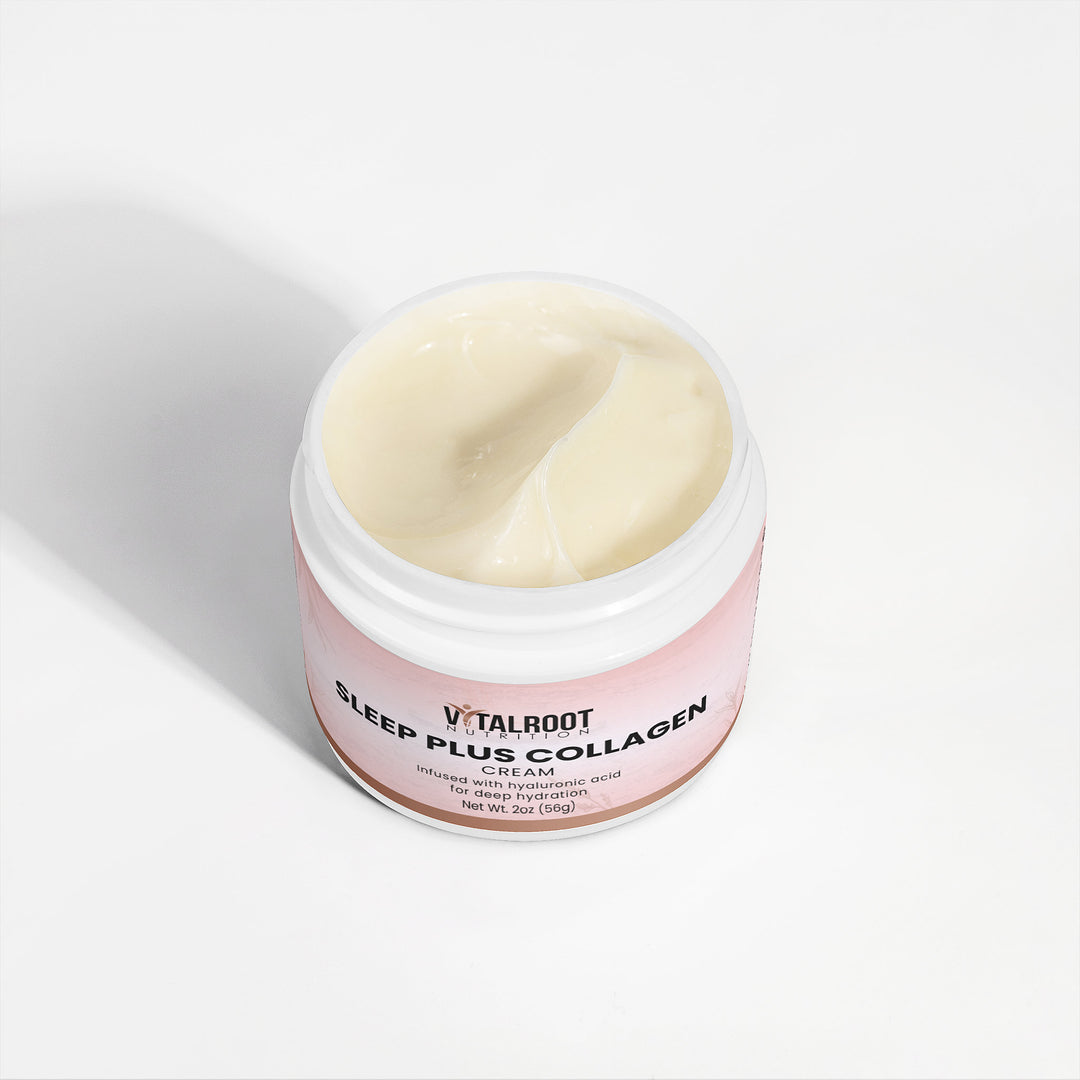 Jar of Vitalroot Sleep Plus Collagen Cream on a light gray background