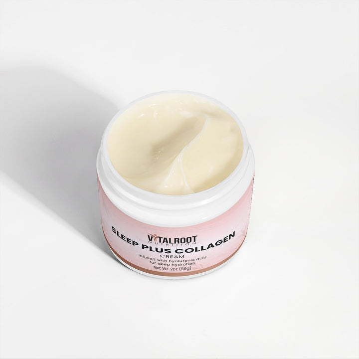 Jar of Vitalroot Sleep Plus Collagen Cream on a light gray background