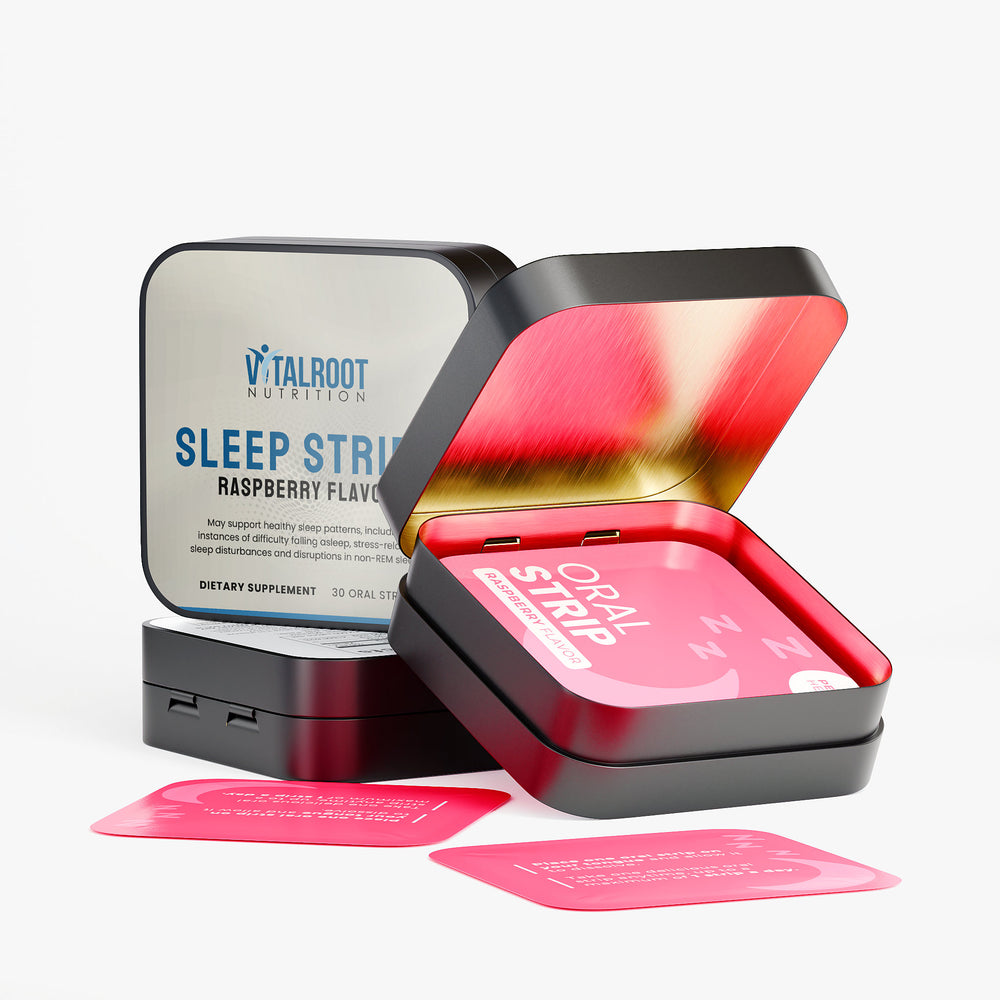Vitalroot Nutrition Sleep Strips packaging with pink strips on a white background