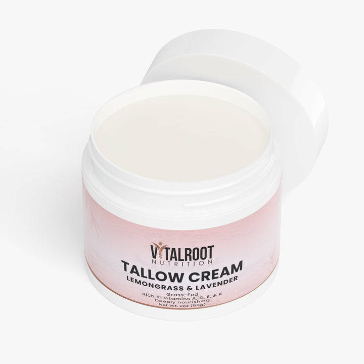 Jar of Vitalroot Tallow Cream with pink label on a white background