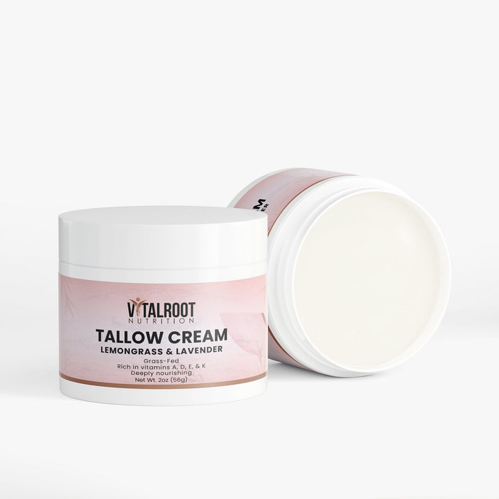 Vitalroot Tallow Cream jar with pink label on a white background