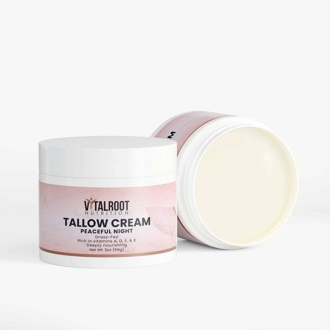 Vitalroot Tallow Cream jar with lid open on a white background