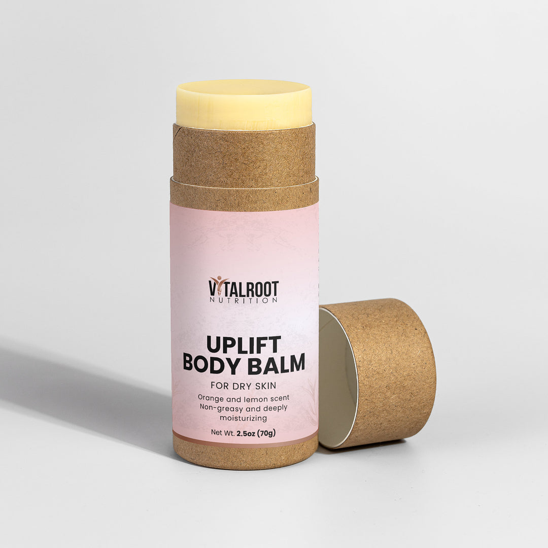 Vitalroot Uplift Body Balm packaging on a light gray background