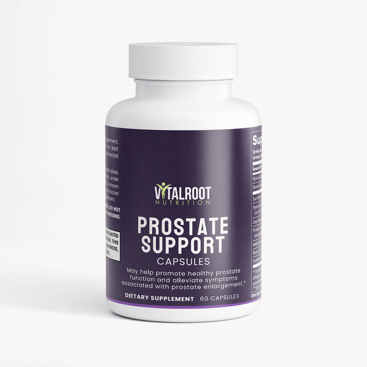 Bottle of Vitalroot Nutrition Prostate Support capsules on a white background