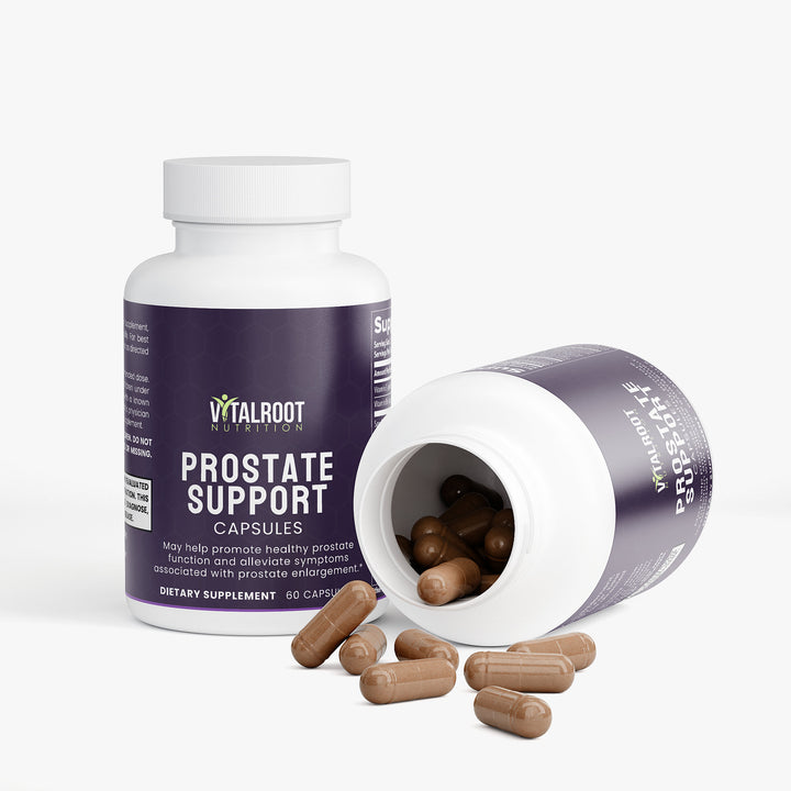 Vitalroot Prostate Support capsules with open bottle on a white background