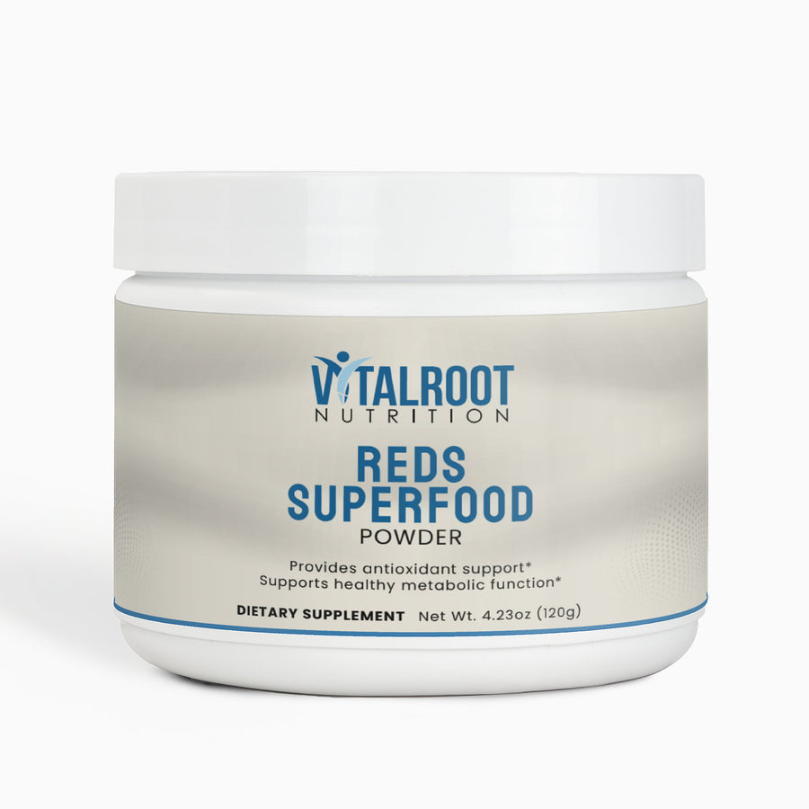 Jar of Vitalroot Nutrition Reds Superfood Powder on a white background