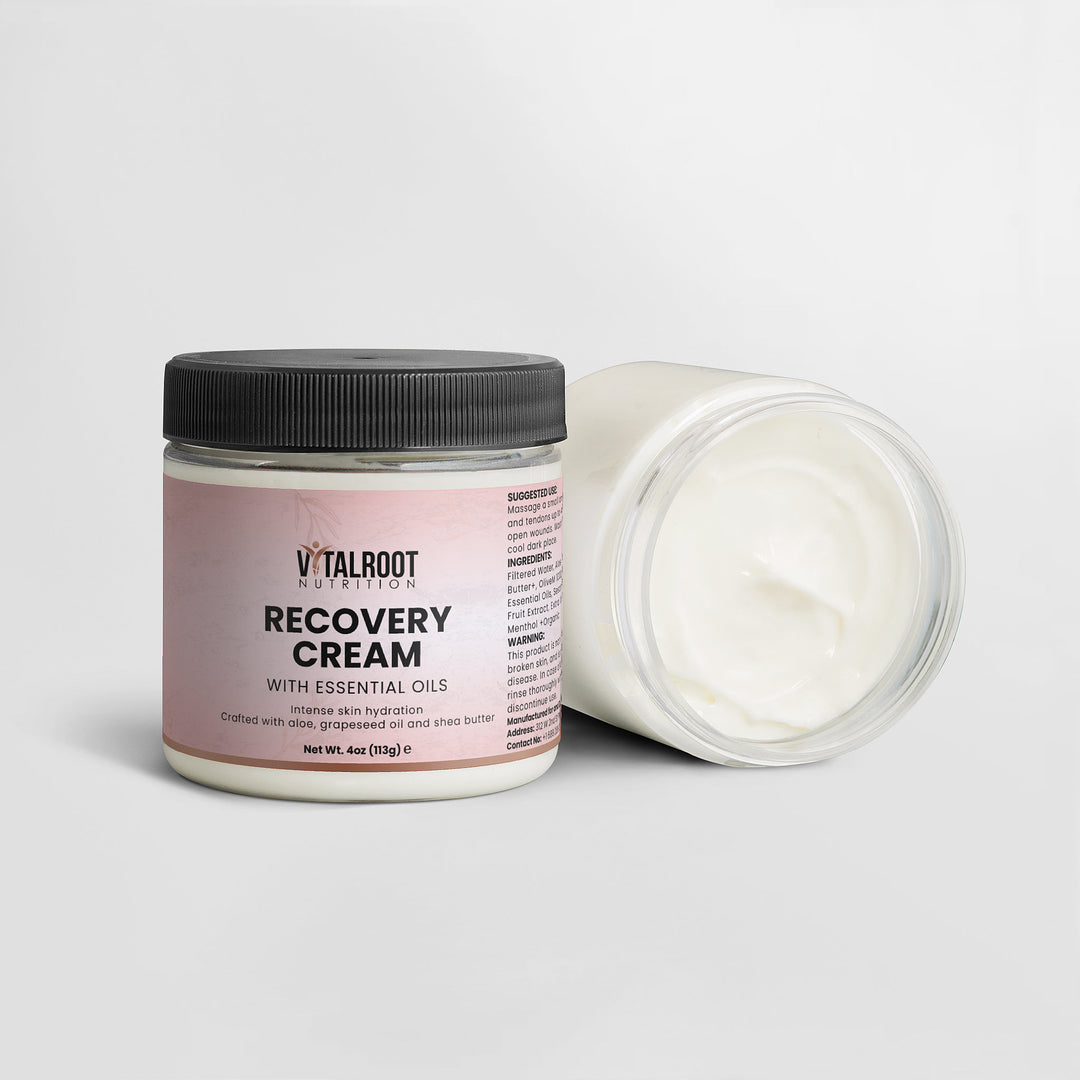 Jar of Vitalroot Recovery Cream with a black lid on a light gray background