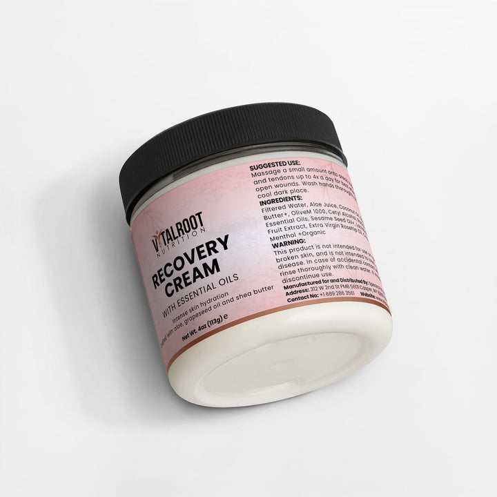 Jar of recovery cream with pink label on a white background