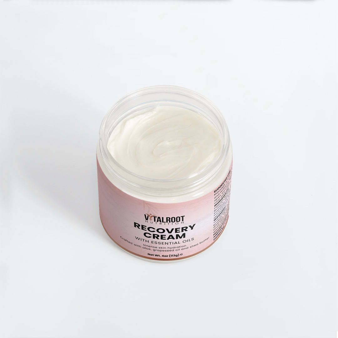 Jar of 'Vitalroot Recovery Balm' on a white background