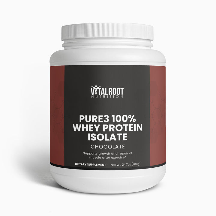 Vitalroot Nutrition Pure3 100% Whey Protein Isolate container on a white background