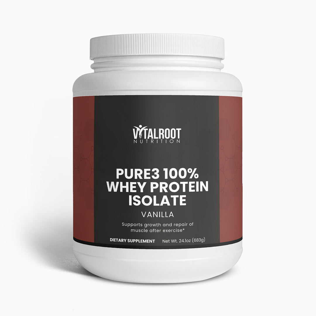 Vitalroot Nutrition Pure3 100% Whey Protein Isolate container on a white background