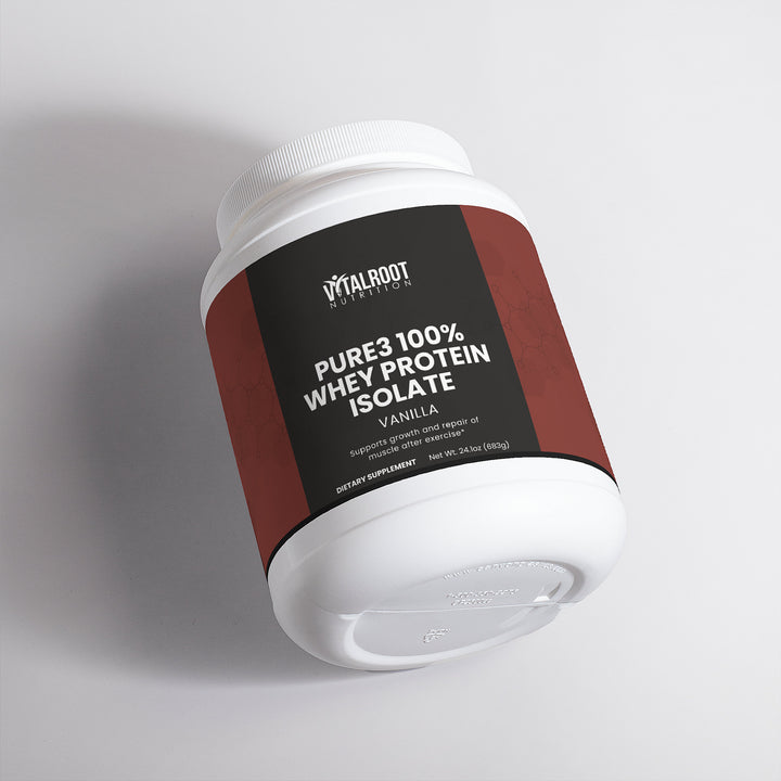 Container of Pure3 100% Whey Protein Isolate on a gray background