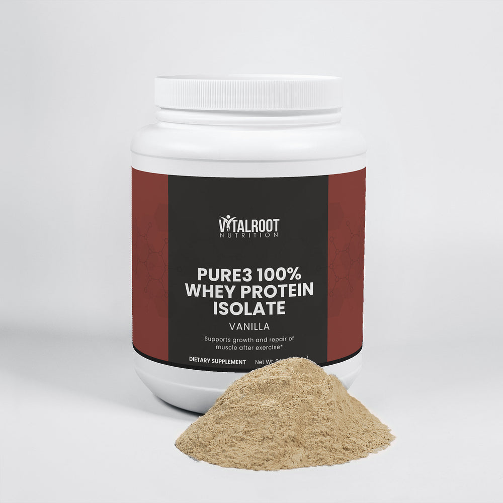 Container of Pure3 100% Whey Protein Isolate with visible protein powder on a white background