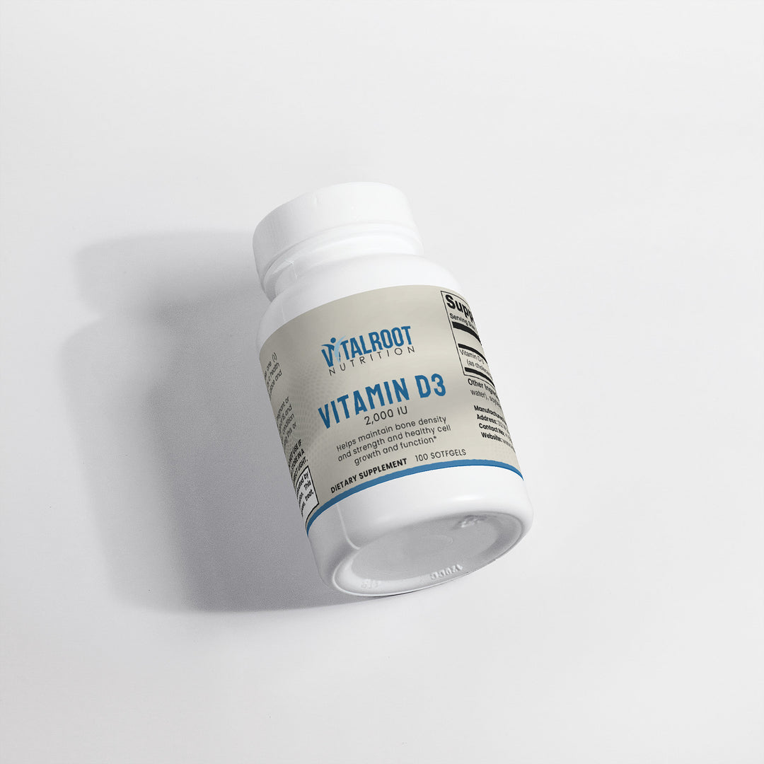 Vitamin D3 supplement bottle with 'Talroot Nutrition' label on a light gray background