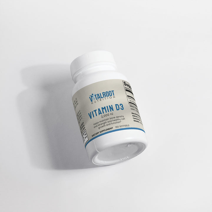 Vitamin D3 supplement bottle with 'Talroot Nutrition' label on a light gray background