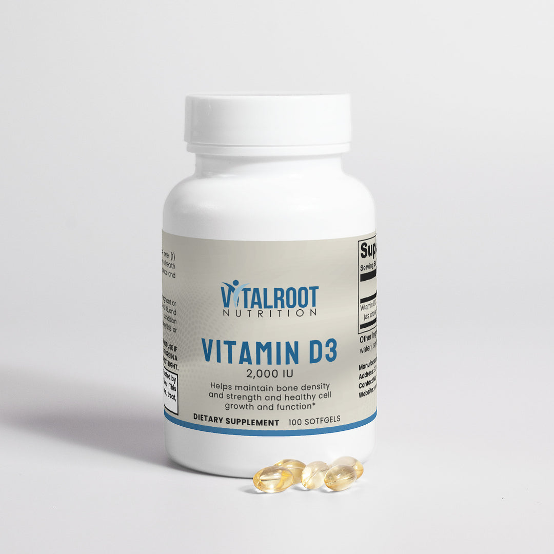 Vitalroot Nutrition Vitamin D3 supplement bottle with two capsules on a light gray background