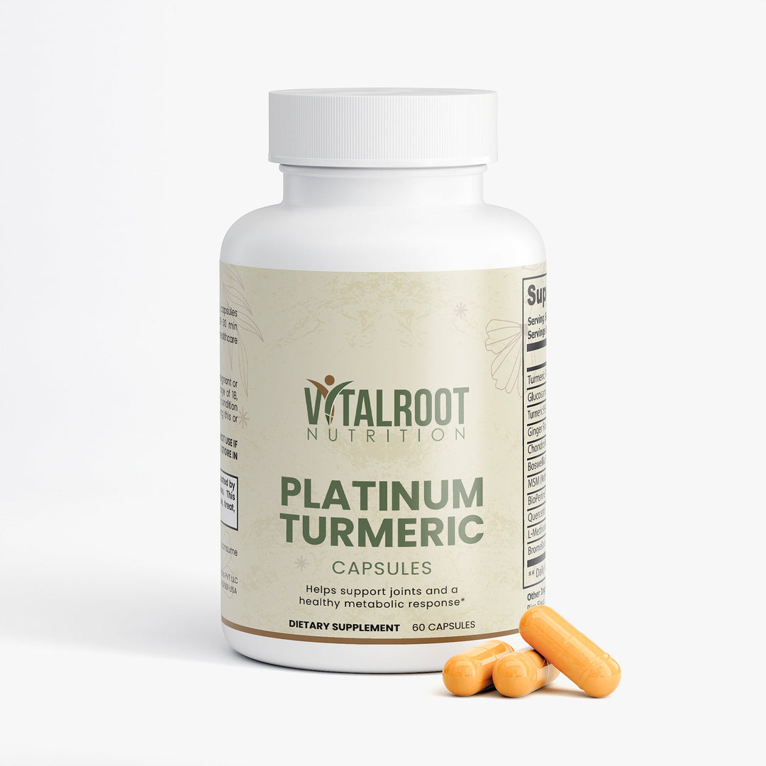 Vitalroot Nutrition Platinum Turmeric capsules on a white background