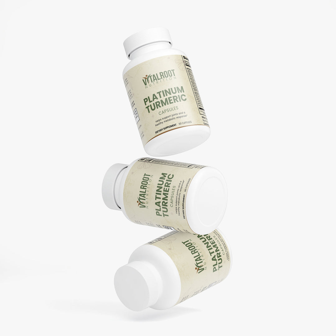 Three bottles of Vitalroot Platinum Turmeric capsules on a white background